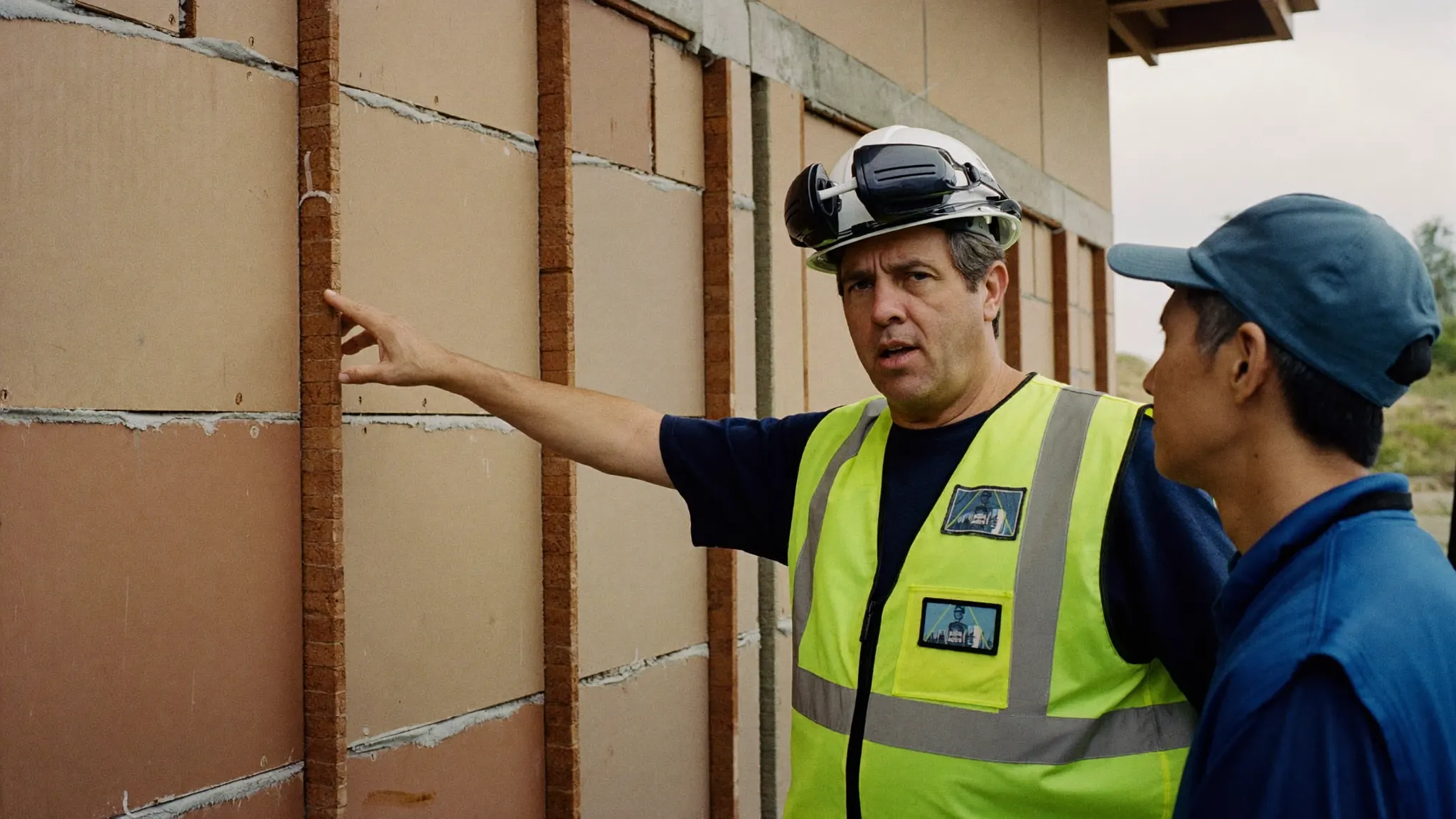 General contractor pointing at exposed wall framing while talking with a colleague at a house under construction