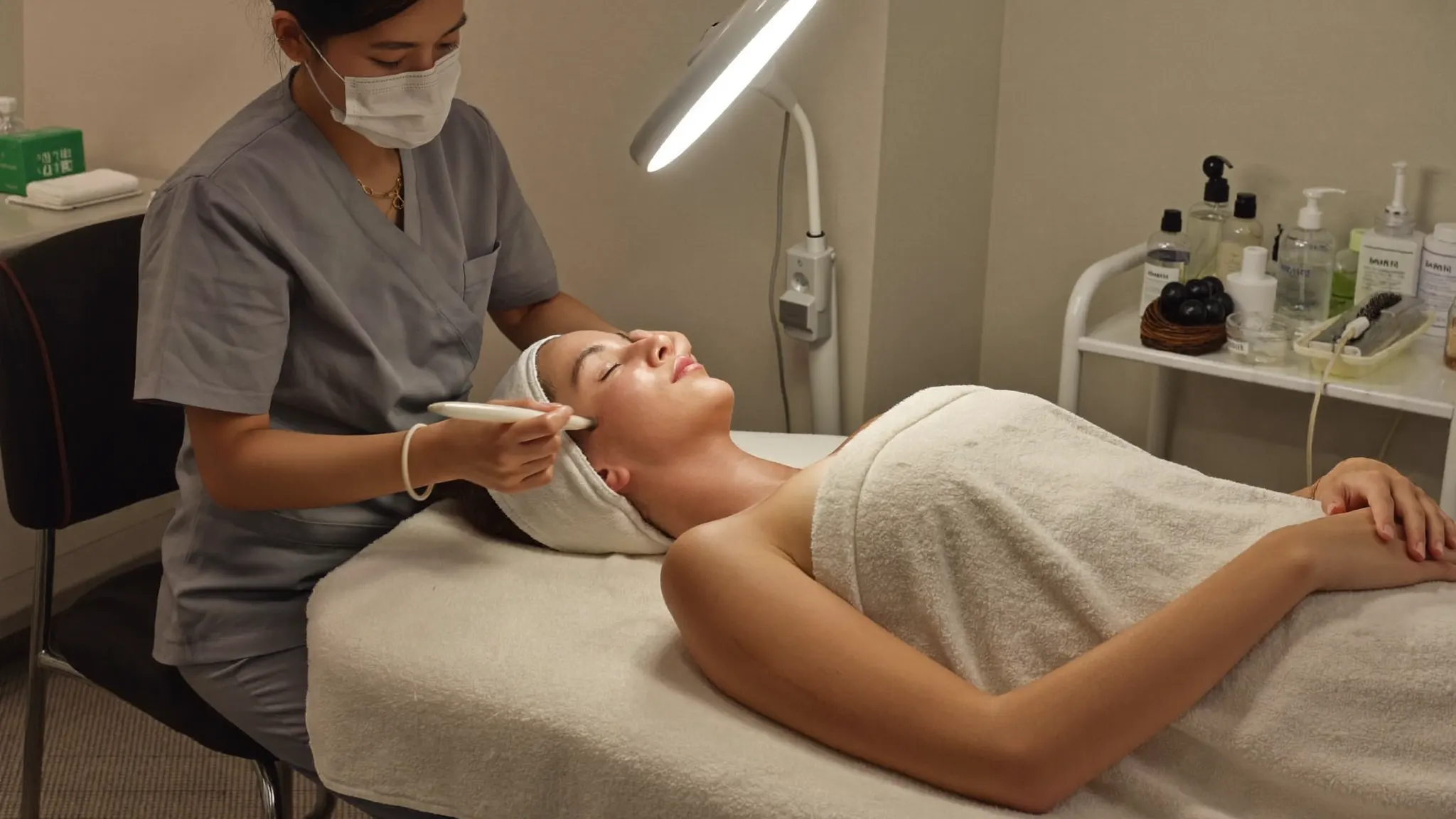 Esthetician applying a facial treatment to a client on a spa table