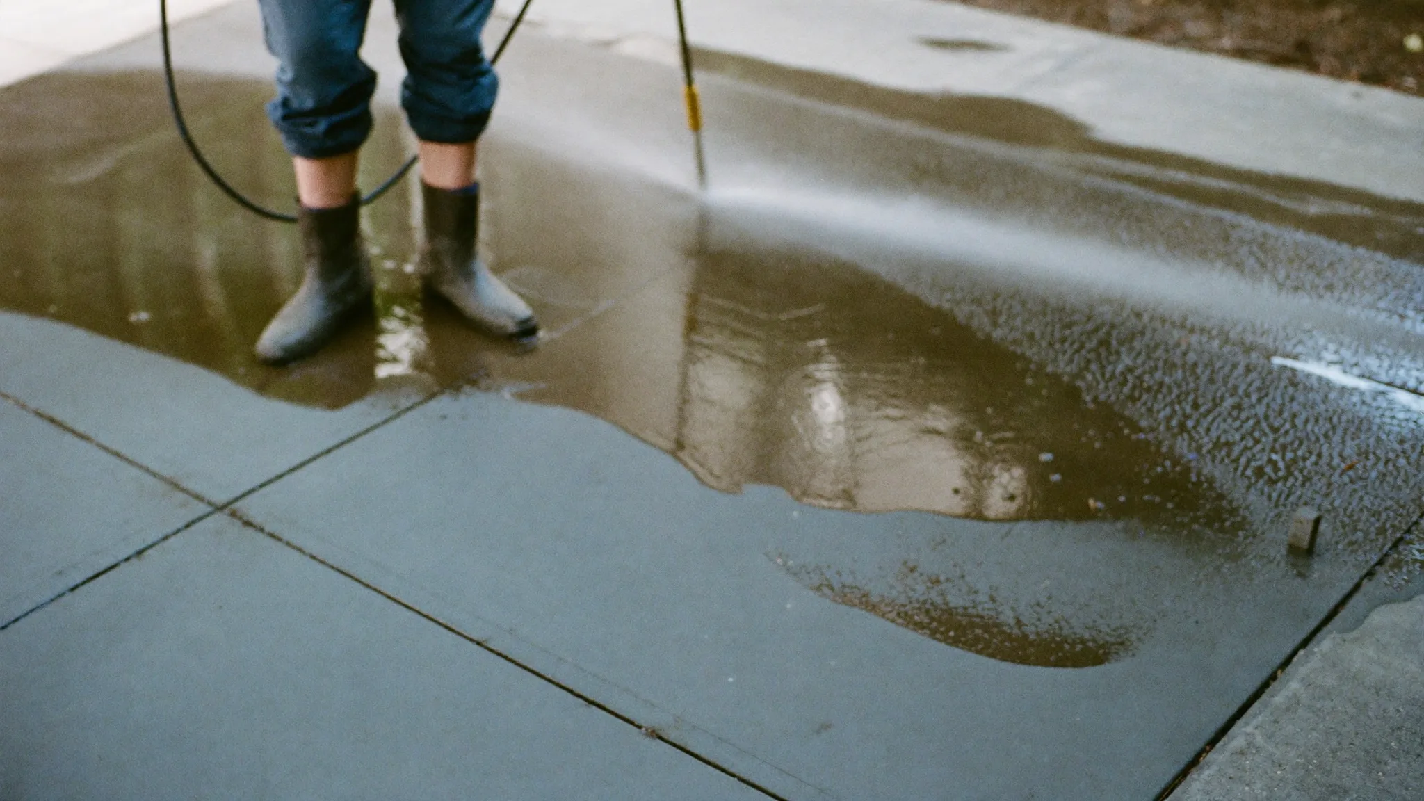 Pressure washing technician cleaning a driveway at a residential property
