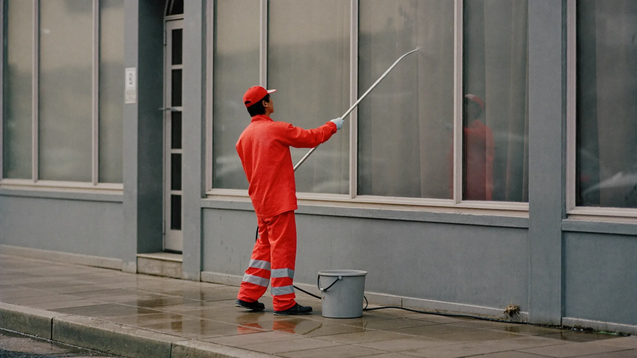 Window cleaner on a ladder washing a second-story window
