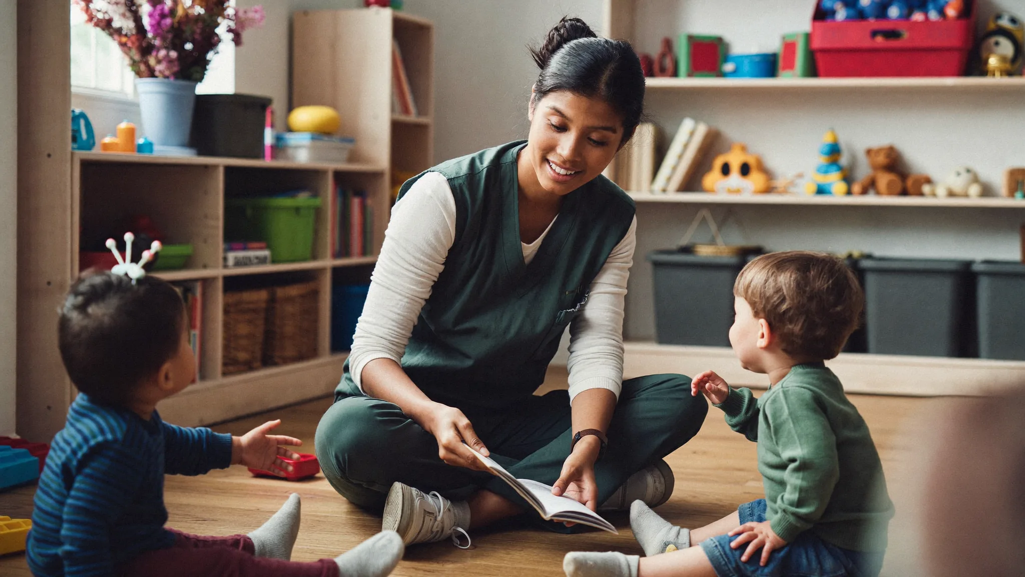 Daycare provider supervising children during playtime at an in-home facility