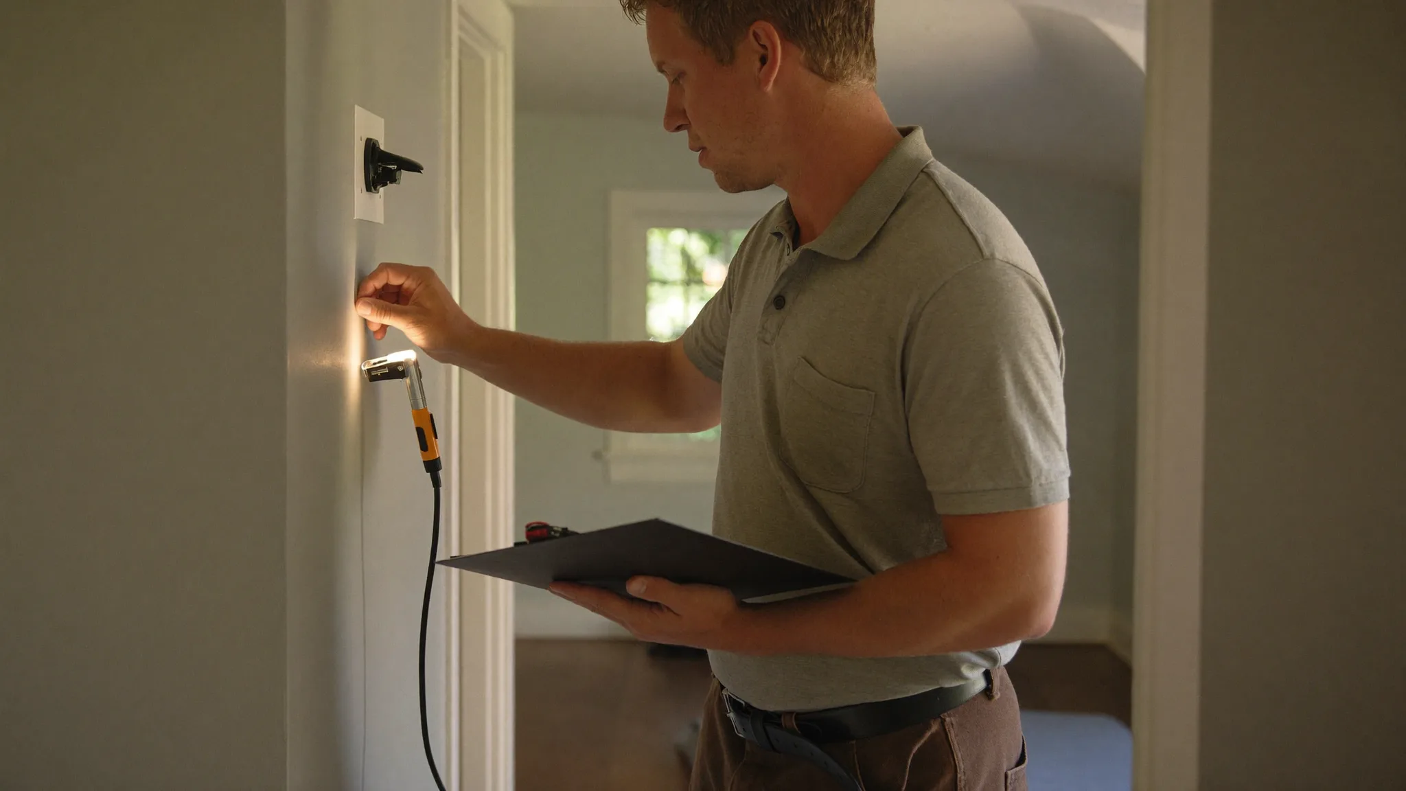 Home inspector examining a crawlspace during a pre-sale inspection