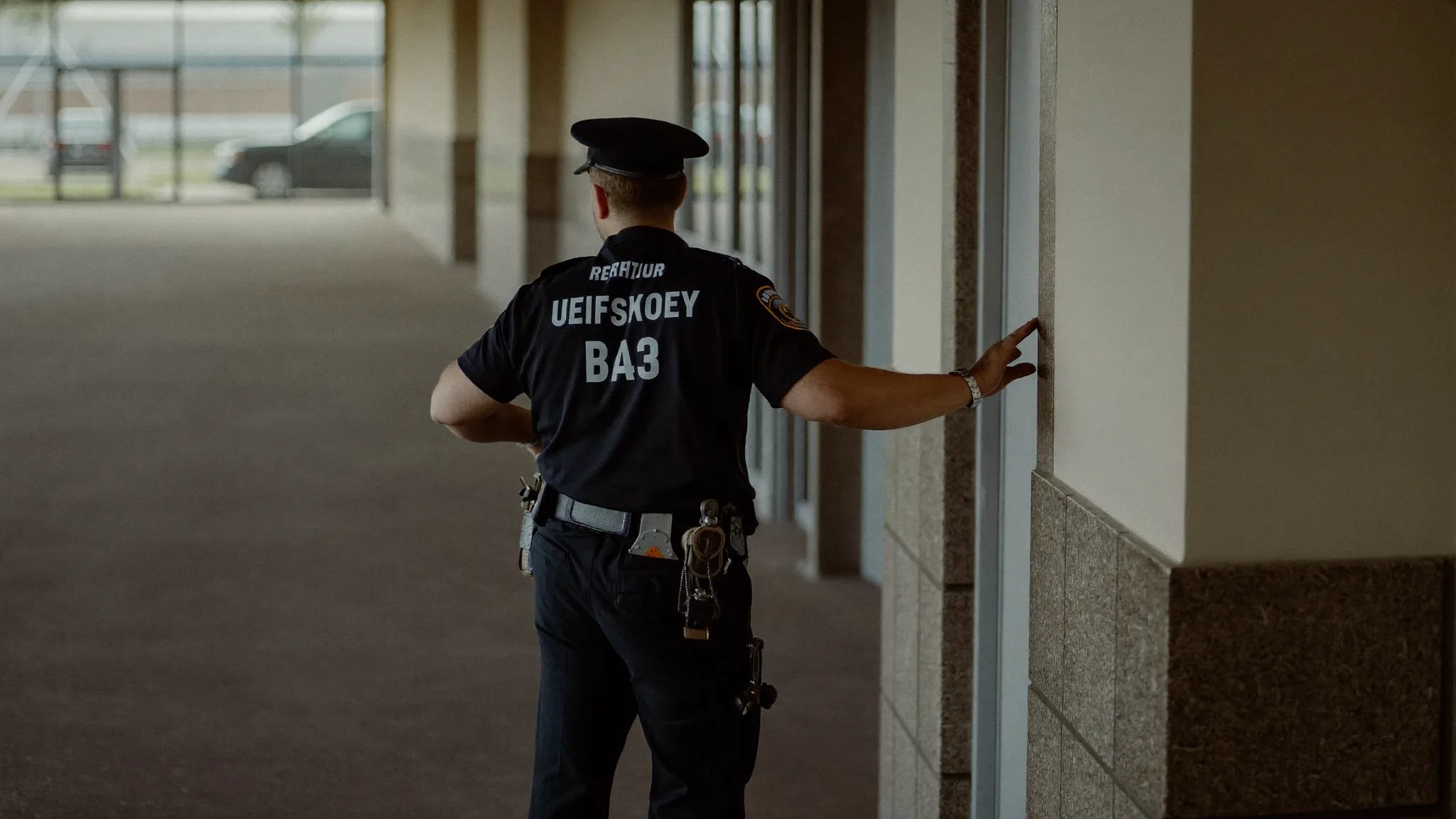 Security guard monitoring an entrance at a commercial building